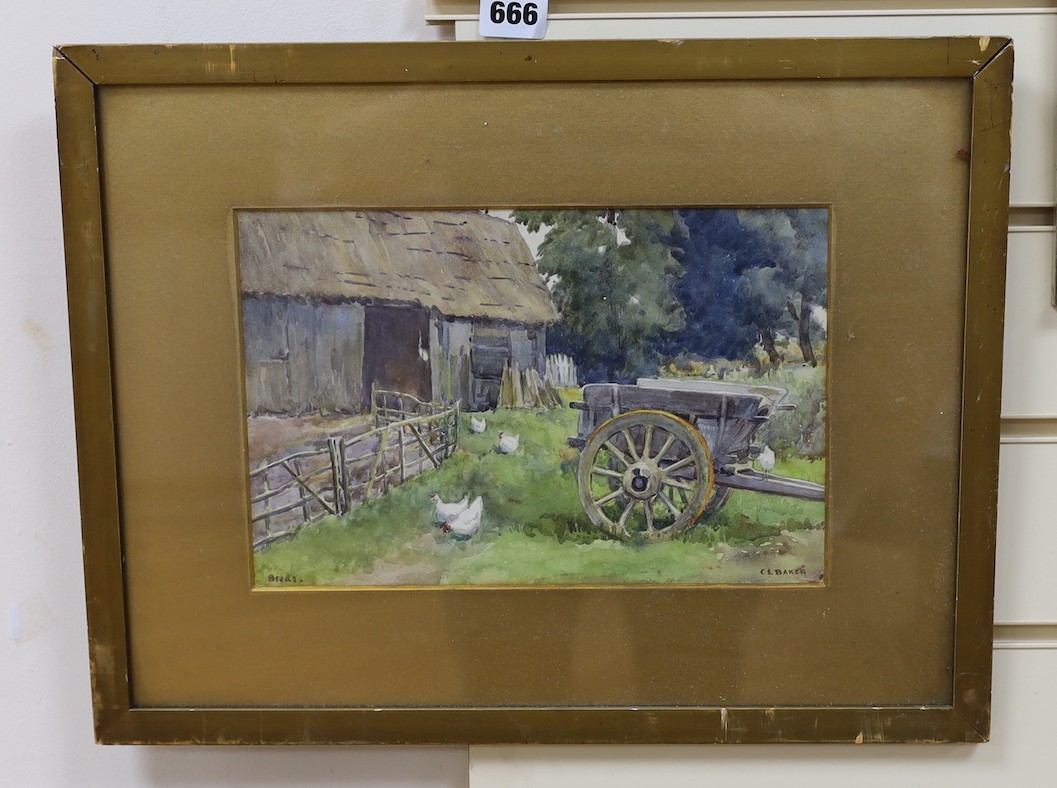 C.E. Baker, watercolour, 'Brede'; chickens beside a barn, signed, 18 x 27cm